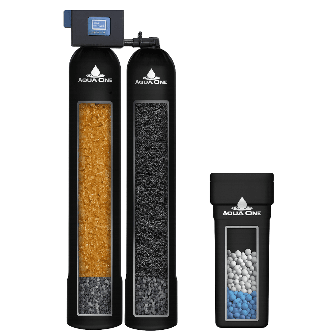 Aqua One two-tank city water system with softening tank, carbon tank and brine tank